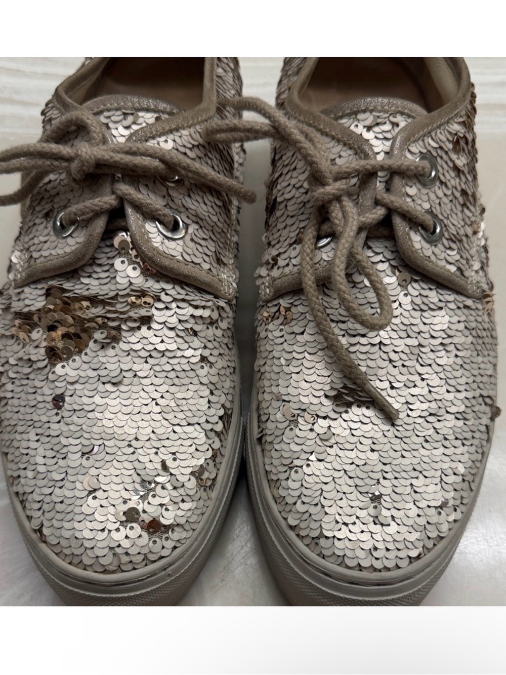 Agl Sequin Lace-Up Sneakers in Silver and Taupe